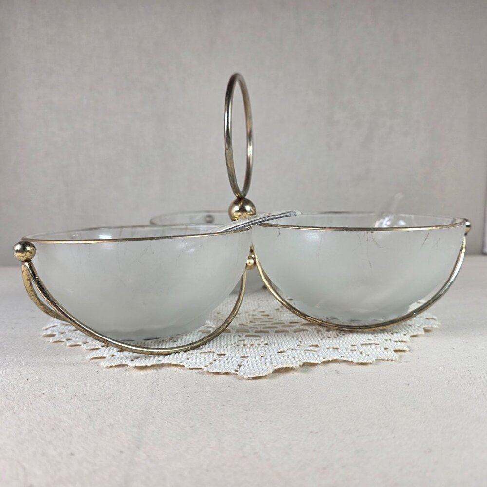 Libbey MCM Frosted Glass Relish Condiment 3 Bowl Set With Gold Toned Metal Caddy - Picture 2 of 7